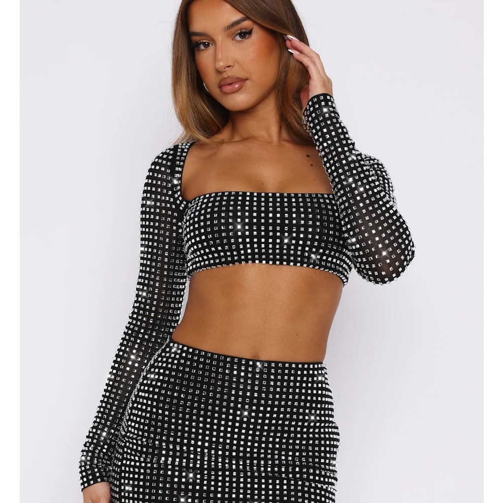 White Fox Good Vibes Only Embellished Long Sleeve Top Black and Skirt